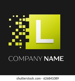 Letter L vector logo symbol in the colorful square with shattered blocks on black background. Vector template for your design