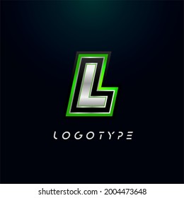 Letter L for video game logo and super hero monogram. Sport gaming emblem, bold futuristic letter with sharp angles and green outline. Tilted sharp letter type on black background