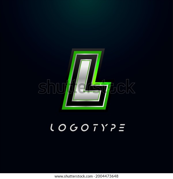 Letter L for video\
game logo and super hero monogram. Sport gaming emblem, bold\
futuristic letter with sharp angles and green outline. Tilted sharp\
letter type on black\
background