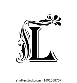 letter L. Vintage black flower ornament initial letters.  Alphabet. Logo vector 