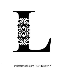 letter L. Vintage black flower ornament initial letters.  Alphabet. Logo vector 