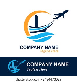 Letra L con logotipo de Onda y Avión Volador para Agencia de Viajes. Logotipo de diseño vectorial para etiqueta de transporte de viajes, turismo, publicidad de la compañía de vuelos