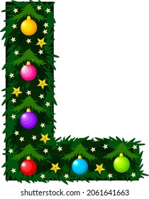 The letter L. Winter alphabet. The font is made in the form of a Christmas tree with decorations of balls and stars.