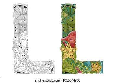Letter L zentangle for coloring. Vector decorative object