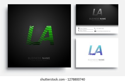 Letter LA logotype with colorful circle, with striped composition letter, sets of business card for company identity, creative industry, web.