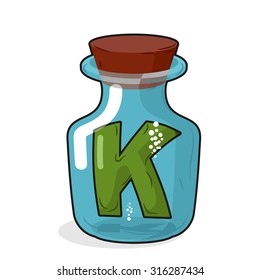 Letter in a laboratory bottle. K In a magic flask with a wooden lid. Research letters. Vector illustration 