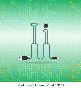 Letter I laid cable. USB blue cable, vector illustration. Background microchip