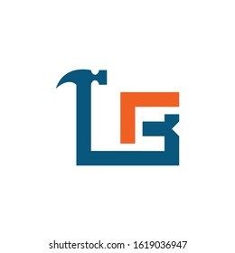 Letter LB, LR with with hammer renovation, building services, repair, construction logo design template. Blue and Orange color icon. Isolated on white background. Vector illustration in eps 10.