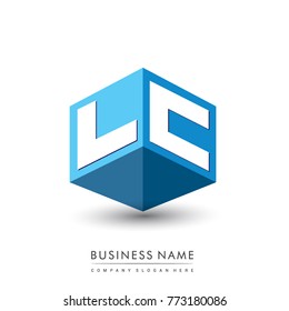 Letter LC logo in hexagon shape and blue background, cube logo with letter design for company identity.
