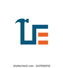 Letter LE with with hammer renovation, building services, repair, construction logo design template. Blue and Orange color icon. Isolated on white background. Vector illustration in eps 10.