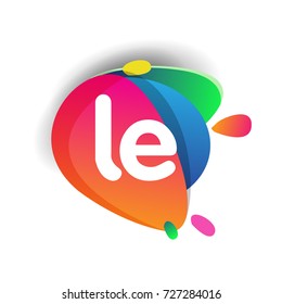 Letter LE logo with colorful splash background, letter combination logo design for creative industry, web, business and company.
