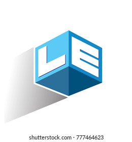 Letter LE logo in hexagon shape and blue background, cube logo with letter design for company identity.

