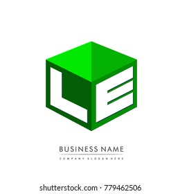 Letter LE logo in hexagon shape and green background, cube logo with letter design for company identity.
