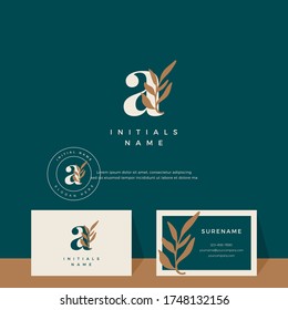 letter A with leaf Beauty vector logo design of initial wedding, fashion, boutique, floral and botanical logotype with business card template