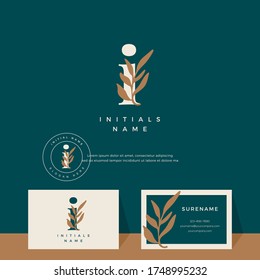 letra I con hoja Belleza diseño del logo vectorial de boda inicial, moda, boutique, floral y botánico con plantilla de tarjeta de visita
