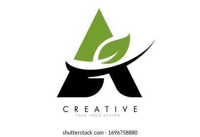 Letter A with Leaf and Creative Swoosh Logo Design. Eco Letter Vector Illustration.