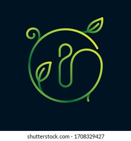 Letter I leaf logo in a circle. Impossible one line style. Perfect green icon for environment labels, landscape posters and garden identity, etc.