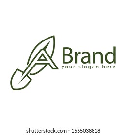 Letter A leaf with shovel logo template., flat design. letter A. Vector Illustration on white background