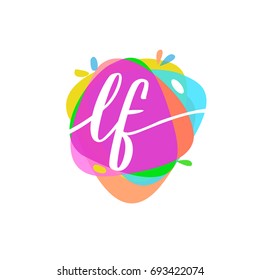 Letter LF logo with colorful splash background.