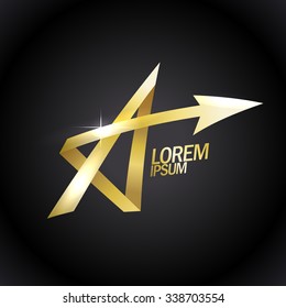 Letter A like a gold star, vector logo with arrow