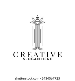 Letter I Line art with Crown logo, Simple Elegant Initial logo design template