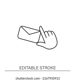 Letter line icon. Personal information. Letter in hand. Communication concept. Isolated vector illustration. Editable stroke 