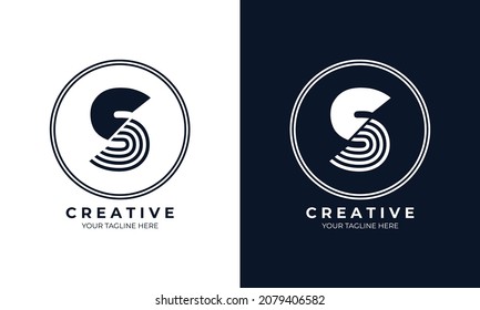 Letter Line S Initial Monogram Logo with Solid Color and Line Element in Circle on Black and white Background, Creative Vector Design Template, Emblem, Symbol.