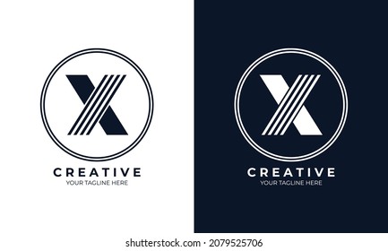 Letter Line X Initial Monogram Logo with Solid Color and Line Style Element in Circle on Black and white Background, Creative Vector Design Template, Emblem, Symbol.