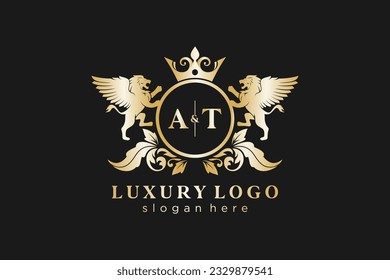 AT Letter Lion Royal Luxury Logo template in vector art for Restaurant, Royalty, Boutique, Cafe, Hotel, Heraldic, Jewelry, Fashion and other vector illustration.