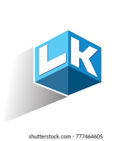 Letter LK logo in hexagon shape and blue background, cube logo with letter design for company identity.
