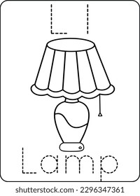 Letter Ll uppercase and lowercase, cute children coloring a lamp, ABC alphabet tracing practice worksheet of a lamp for kids learning English vocabulary, and handwriting vector illustration