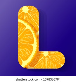 Letter L,made of orange fruit slices, isolated on a dark blue background, vector illustration