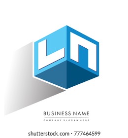 Letter LN logo in hexagon shape and blue background, cube logo with letter design for company identity.
