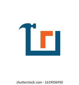 Letter LO with with hammer renovation, building services, repair, construction logo design template. Blue and Orange color icon. Isolated on white background. Vector illustration in eps 10.