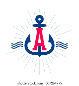 A letter logo. Anchor and rope vector vintage label, logo, icon design template element. This badge can be used as trademark or a print on fabric.
