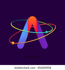 Letter A logo with atoms orbits lines. Bright vector design for science, biology, physics, chemistry company.