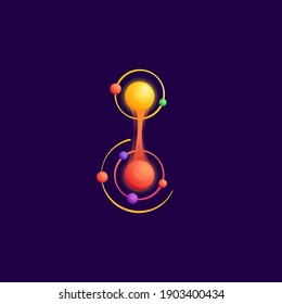 Letter I logo with atoms orbits. Vector vivid icon perfect to use in any science labels, technology posters, astronomy identity, etc.