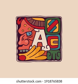 Letter A logo in Aztec, Mayan or Incas style. Native American symbol with warrior or god face. Perfect for ethnic labels, sport emblem, tattoo design and tribal identity, etc.