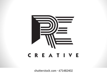 RE Letter Logo With Black Lines Design. Line Letter Symbol Vector Illustration