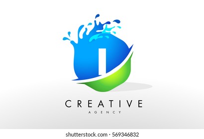 I Letter Logo. Blue Green Splash Design Vector with Water Drops.