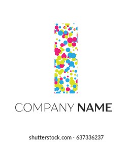 Letter I logo with blue, yellow, red particles and bubbles dots on white background. Vector template for your design