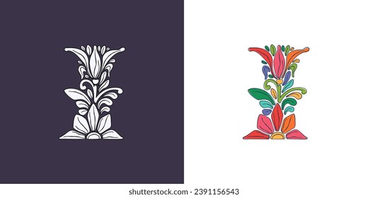 Letter I logo with botanical and flower pattern. Traditional leaves and curved lines embroidery ornament. Icon for wedding ceremony, vintage greeting cards, birthday identity and party invitations.