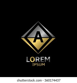 Letter A logo. Brand symbol with golden and silver elements, Vector illustration