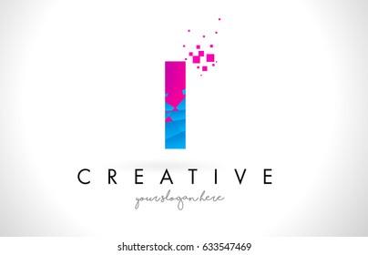 I Letter Logo with Broken Shattered Blue Pink Triangles Texture Design Vector Illustration.