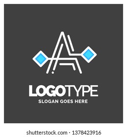 Letter A logo, Business corporate logo design vector. Blue and White Logo over Gray background. digital letter icon template for technology. Square shape, Colorful, Technology and digital abstract dot