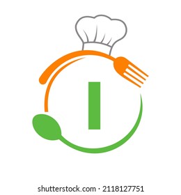 Letter I Logo With Chef Hat, Spoon And Fork For Restaurant Logo. Restaurant Logotype On Letter I Spoon And Fork Concept
