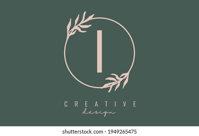 Letter I Logo with circle frame and pastel leaves design. Rounded vector illustration with letter I and pastel leaf for beauty, fashion, jewelry, luxury, natural products or eco services.
