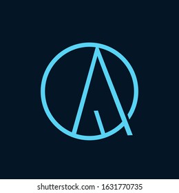 Letter A logo with circle frame.Geometric line lettering sign.Blue alphabet initial icon isolated on dark background.Modern, minimalist, corporate, emblem, web style uppercase character shape.