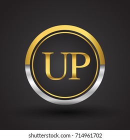 UP Letter logo in a circle, gold and silver colored. Vector design template elements for your business or company identity.