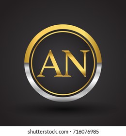 AN Letter logo in a circle, gold and silver colored. Vector design template elements for your business or company identity.